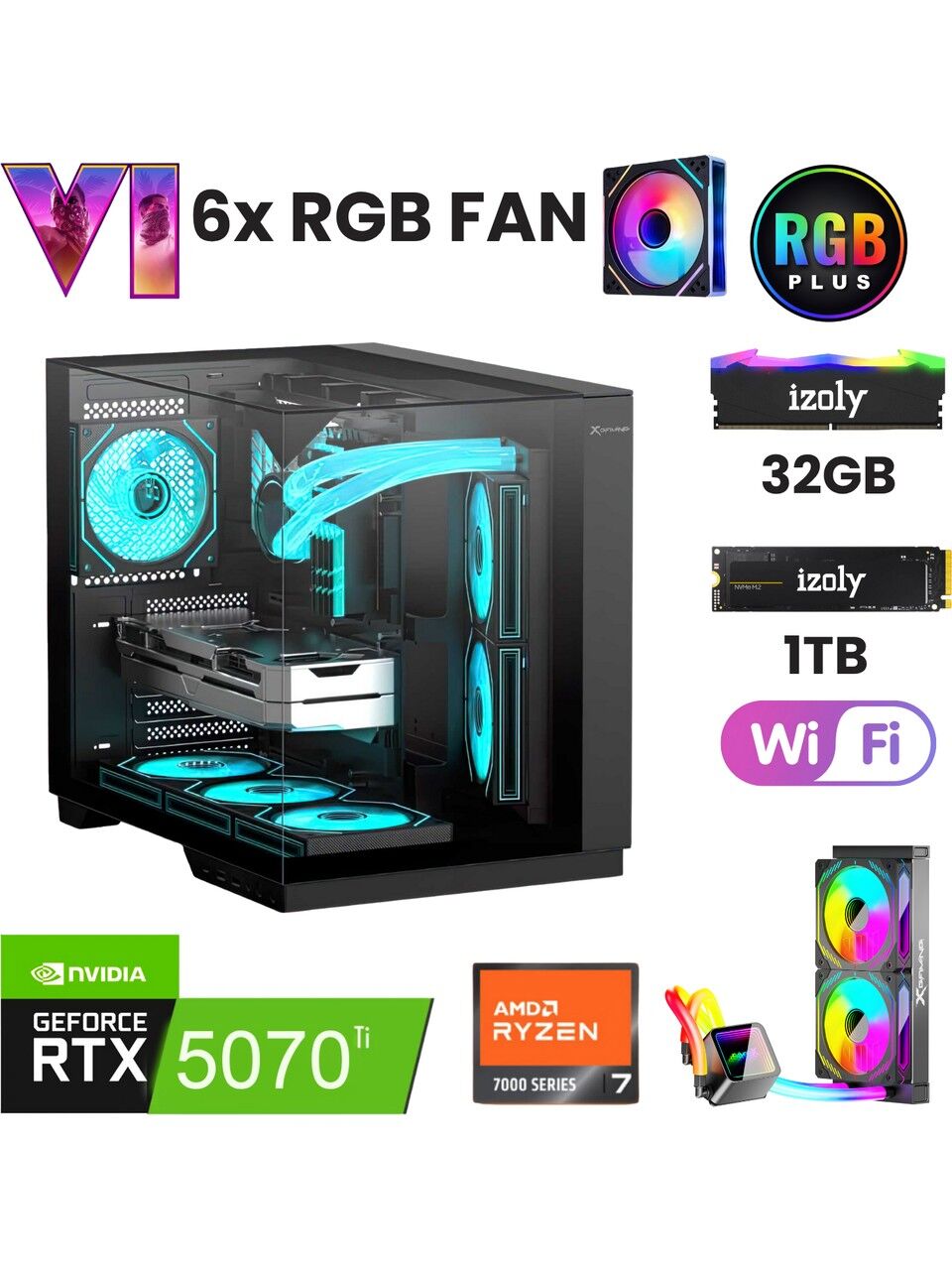 IZOLY Elite Ryzen 7 7800X3D 32GB Ram 1TB M.2 SSD RTX5070TI 16GB 240MM RGB Sıvı Soğutma Oyuncu Bilgisayarı